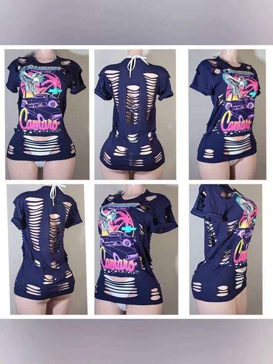 Tops - Navy Camaro Custom  Graphic Distressed Women’s Tee